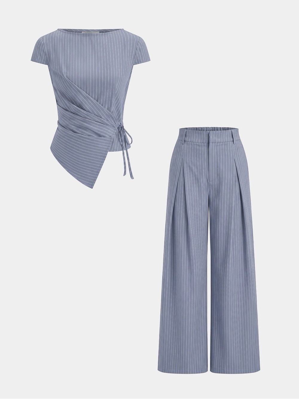 Commense Light Blue Pinstripe Wrap Top and Wide-Leg Pants Set